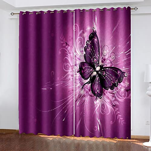 MUDUH Rideaux Occultants 3D Beau Papillon Violet Imprimé, Rideau À Oeille Lot De 2 Fenêtre Décoration pour Chambre Salon Et Chambre Enfant 150X160 cm (LxH) Isolant Thermique Et Sonore