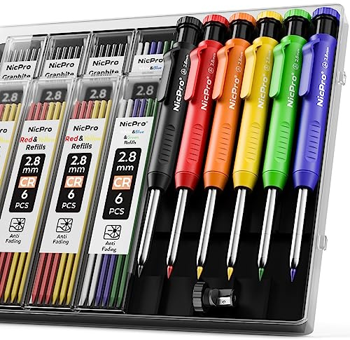 Nicpro Paquete de 6 lápices de carpintero con sacapuntas, juego de 54 recambios (negro, rojo, amarillo, azul, verde, blanco), construcción de marcador de agujero profundo, carpintería resistente, con