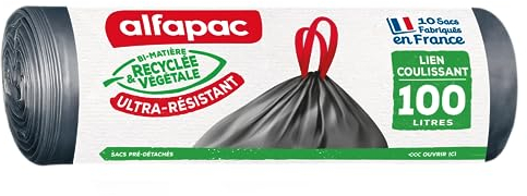 alfapac - 10 sacs-poubelle 100L à lien coulissant ultra-résistant - fabriqués en France - bi-matière recyclée & végétale
