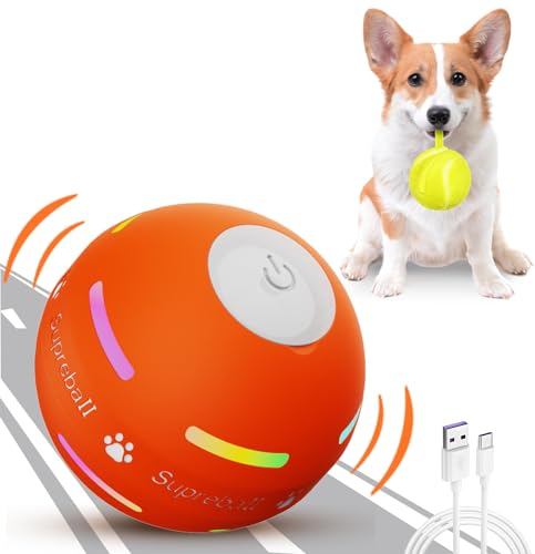 Petiepaw Interaktives Hunde ball spielzeug, Strapazierfähiger Automatisch Rollender Ball für Welpen/Kleine/Mittlere Hunde, USB Wiederaufladbar (Orange)