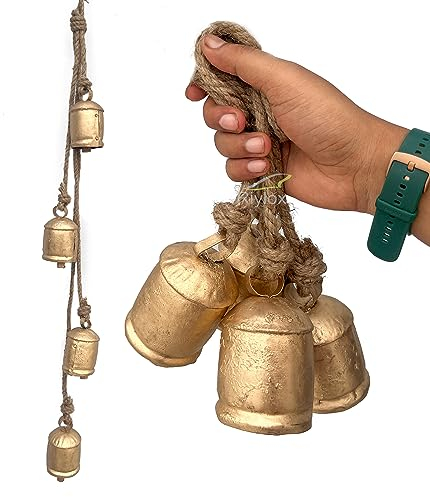 Riylox Juego de 4 Campanas de decoración de Navidad con Cuerda de Yute para Colgar, Hechas a Mano, de Cobre, Vintage, armonía, Forma Redonda, Color Dorado Antiguo para Pared, Boda, Aniversario y