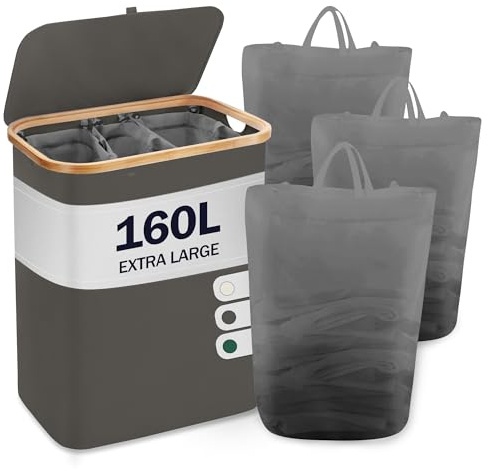 YOUDENOVA Cesto para la colada con tapa 3 compartimentos 160L Recolector de ropa con 3 bolsas para la colada Grande clasificador de ropa plegable Madera Bambú Baúl de ropa alto Laundry Baskets, Gris