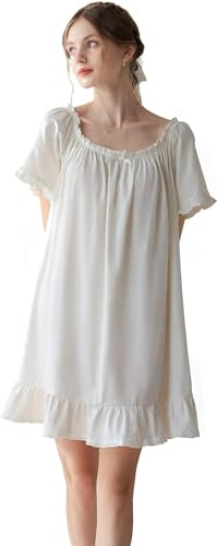 FENXIXIONE Chemise De Nuit Mignonne En Coton Pour Femmes, Vêtements De Nuit à Manches Courtes, Vintage Victorien, Robe De Nuit (Blanc,L)
