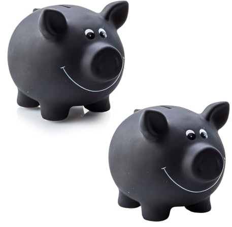 2X Sparschwein aus Keramik, Schwarz | Tafellack zum Beschriften inkl. Schloss & Schlüssel | Maße: ca. 17,5 x 13,5 x 14,4 cm | Geschenkidee für Sparfüchse jedes Alters