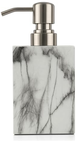 White Hand Soap Dispenser 500ml with Marble Finish – Soap Dispenser Bathroom & Kitchen, Premium Resin Hand Wash Dispenser with Stainless-Steel Pump