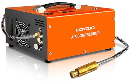 GOYOJO PCP Air Compressor, Max 4500 PSI / 300 Bar, Fast Fill for Airguns or Paintball Tank, Auto Shut-Off, Dual Power Car 12V DC or Home 120V AC, Built-in Cooling Fan, 300W Portable Pcp Pump