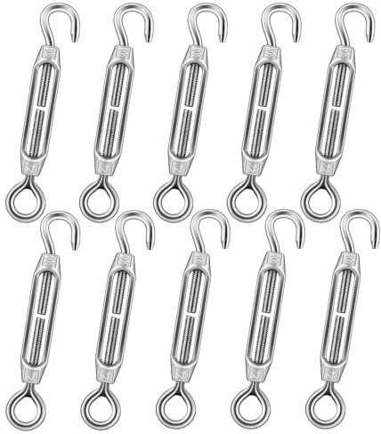 DIYLAND 10Pcs M4 Tensores de Alambre Inoxidable, Gancho y Ojo Tensor de Alambre Tensor Cuerda Tendedero Ajustable para Alambre de Jardín, Luz de Cuerda DIY, Alambre para Colgar Cuadros y Cortinas