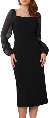 WOMLAYOUT Robe de Soirée Crayon Femme Robe à Manches Longues Transparent et Col Carré Tenue de Cocktail Noir S