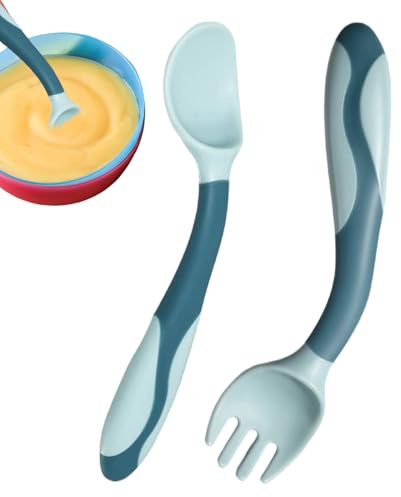 Juego de tenedor y cuchara para bebé - Cuchara de destete flexible 360 ° | Cubiertos de silicona para bebés de aprendizaje autoextranjero | Cuchara de destete autoextranjera | Primer juego de