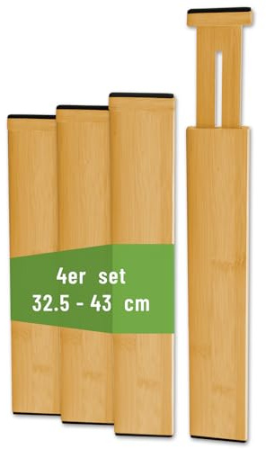 OulQinyhome 4 Separadores de Cajones de Bambú (32,5–43 cm) – Organizadores Ajustables con Resorte Divisores Extensibles para Cocina Dormitorio Oficina y Baño