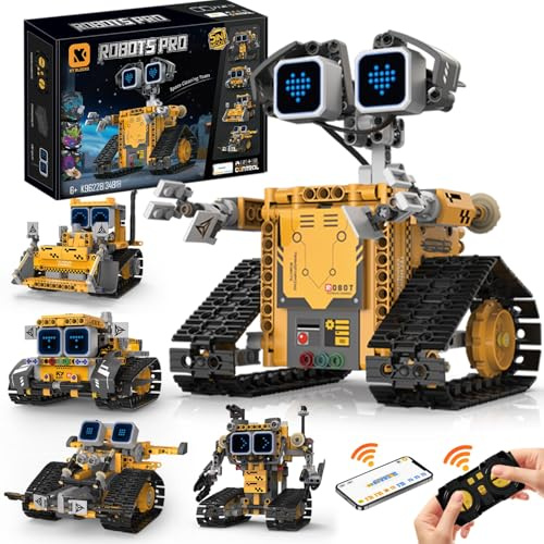 Teknikrobot byggleksak för barn, 5-i-1 robotar med app och fjärrkontroll, teknikväggrobotik byggsats med 16 LED-mimik, 373 delar, RC programmerbar robotleksak, present för barn 6, 7, 8, 10 år