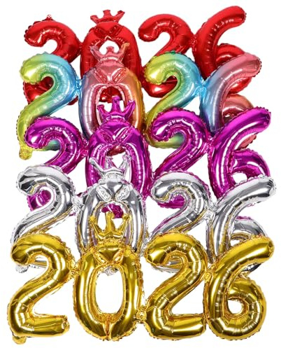 NUOBESTY 5 globos decorativos de Feliz Año Nuevo 2026, números gigantes de aluminio para recuerdos de fiesta de fin de año, pancarta de pared para el hogar, festividades de cuenta regresiva,