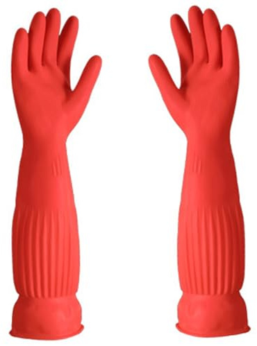 SHITOOMFE Guantes para lavar platos, guantes para lavar, 1 par de 18 largos, forro polar, limpieza de látex, antideslizantes e impermeables para cocina, lavandería, baño, rojo, plato