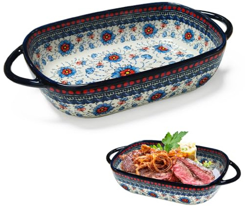 Molde Lasaña Cerámica Rectangular, Fuente Horno con Asas Antiheat - Para Lasaña, Tiramisú, Guisos, Gratinados y Postres - Apto Lavavajillas - 23,5 x 13 x 5 cm (Blue)