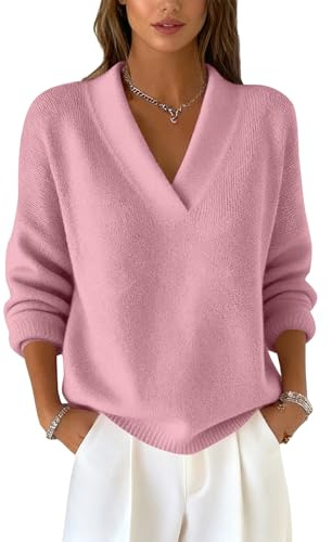 TOFOTL Pull Femme de Noel Grande Taille Chaud Hiver Cache Coeur Fin Norvégien Jacquard Cashmere Cocooning Pull de Noel Col V Col V Plaide Ample Sweat Polaire Femme Hiver Chaud Rose L
