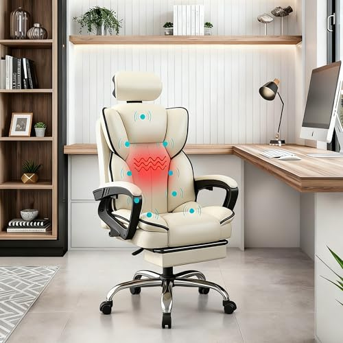 Esspoxi Silla de Oficina XXL Soporta 300kg - Sillón Ejecutivo Robusto con Asiento Ancho de Látex, Masaje y Calefacción, Base de Metal Reforzada, Reclinable con Reposapiés