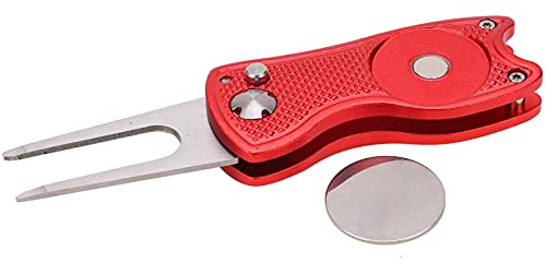 CHICIRIS Tenedor Verde de, Herramienta de Reparación de Divot Plegable de Acero Inoxidable con Marcador de Bola Magnético para Golfistas (Rojo)