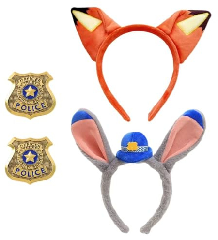 ZXTGBQ 4 Pièces Costume de Policier de Renard & Lapin Bandeau Oreilles de Lapin et Bandeau Oreilles de Renard Insigne de Police pour Halloween Carnaval Fête Cosplay
