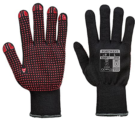 Portwest A110 Nylon Polka Dot Handske Sömlöst Stickat Foder Andningsbar | Svart, L, EN 388 (214XX), EN ISO 21420 Fingerfärdighet 5, Polyester, Hög Fingerfärdighet, Skärbeständig