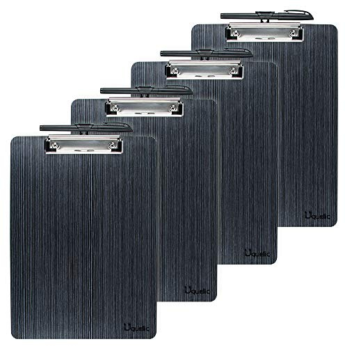 Uquelic Portablocco A4 in Legno - Set di 4 Tavolette per Appunti con Clip, Angoli Arrotondati e Foro per Appendere (Nero)