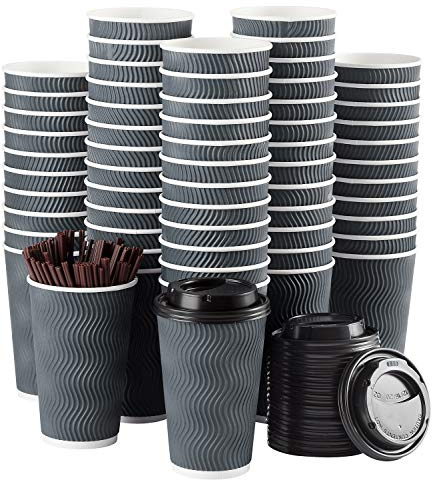 Disposable Coffee Cups with Lids and Straws - 16 oz (90 Set) Togo Hot Paper Coffee Cup with Lid To Go for Beverages Espresso Tea Insulated Reusable Cold Drinks Ripple Cups Protect Fingers From Heat