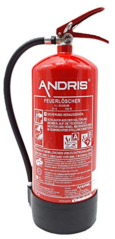 ANDRIS® Qualitäts-Marken-Feuerlöscher 6L AB -Schaum 6 LE mit Manometer, EN 3 inkl. Wandhalterung, Standfuß & ANDRIS® Prüfnachweis mit Jahresmarke