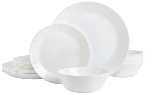 Gibson Home Ultra 18 Piece Break and Chip Resistant Dinnerware Plates and Bowls Set, Round: Service for 6, Opal Glass, White