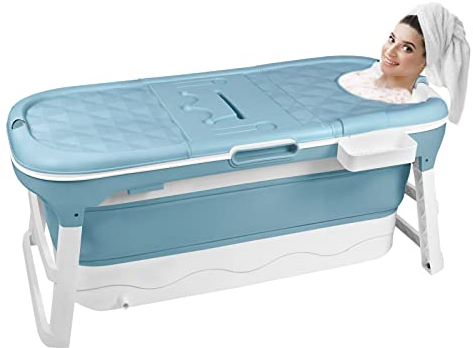 VA-Cerulean Klappbadewanne Erwachsene 128x60x53 cm Blau Mobile Faltbare Bathtub Kunststoffbadewanne mit abnehmbar Abdeckung, Kopfstütze, Handhaben, Seifenkorb