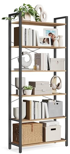 VASAGLE Libreria Alta a 6 Ripiani, Scaffale Portaoggetti, Struttura in Acciaio, Salotto Camera da Letto Studio, 30 x 80 x 186 cm, Industriale, Marrone Grano e Nero Inchiostro LLS082B48