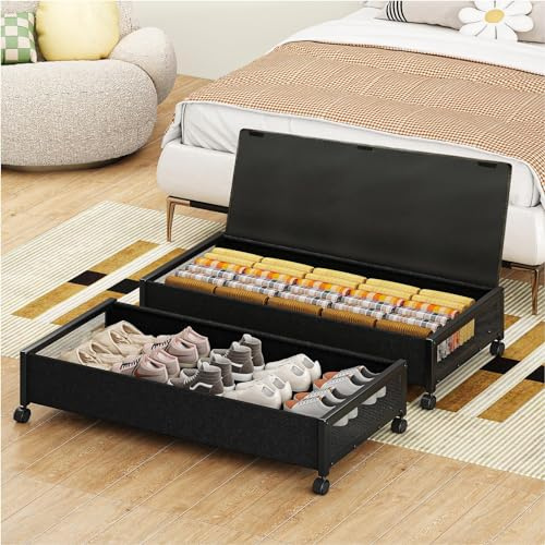 Fokyfok 2 Pack Under the Bed Storage Containers,36 inch Long Underbed Storage with Wheels,7.3 inch Height Under Bed Shoe Storage,Large Rolling under bed Clothes Storage Drawers with Lid for Dorm,Black
