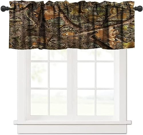 SHElifestyle Forest Camouflage Valance Curtain, Forest Camo Conifer Oak Branches Leaves Mossy Hunting Lodge Camp Cabin Theme Windows Curtain Valance for Cottage Kitchen Dining Room, One Panel 54x18in