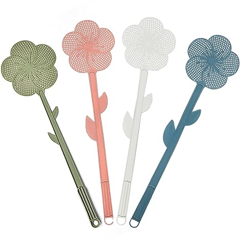 BAMFY 4 Pièces Tapetteà Mouche Solide La Créativité Fleurs Manuel à Toute épreuve avec Longue Poignée Tapettes à Mouche for Cuisine Maison Extérieur