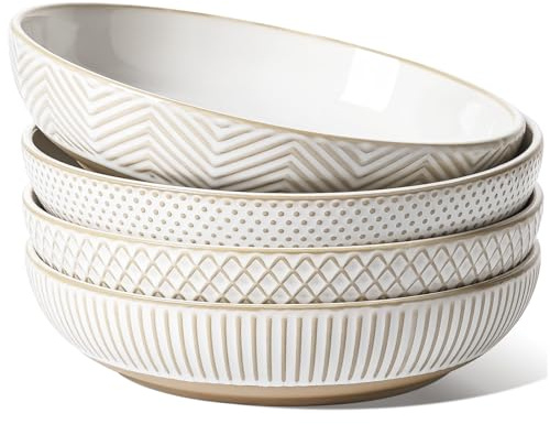LE TAUCI Pasta Bowls 46oz, Large Salad Bowl, Ceramic Serving Plate, House-warming Wedding Present, Embossment Stoneware Bowl for Fruits, Noodle, Dinner - 9 Inch, Set of 4, Arctic White