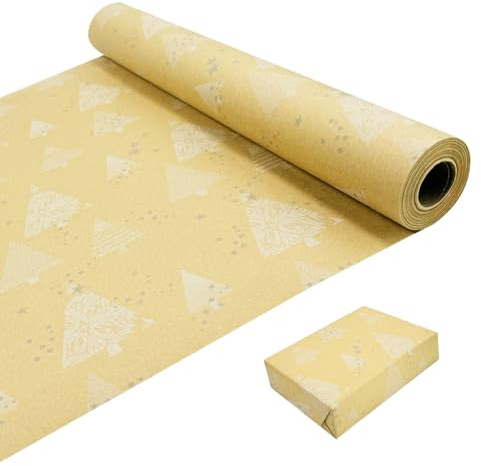 Rullpaket julklappspapper, 43 cm x 20 m, kraftpapper, tryckt med stjärnor och julgran, återvinningsbar kraftpappersrulle för jul, födelsedag, bröllop, presentpapper