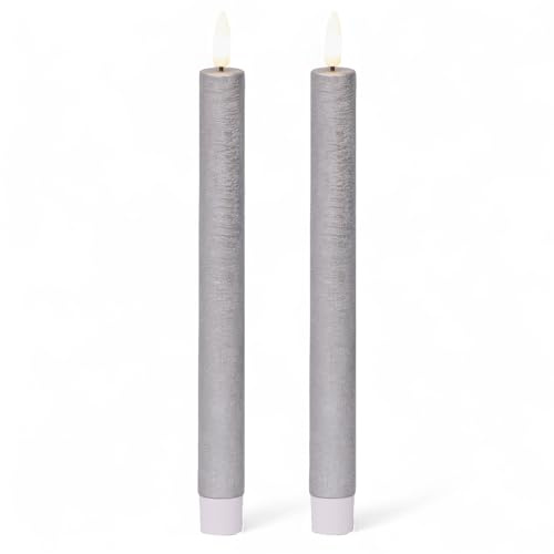 MIJOMA LED-äkta vaxljus med realistisk låga, timer och batteridrivet | Inomhus LED-ljus med varmt vitt ljus | naturligt utseende (silver – matt yta, Ø 2 cm x 24 cm)