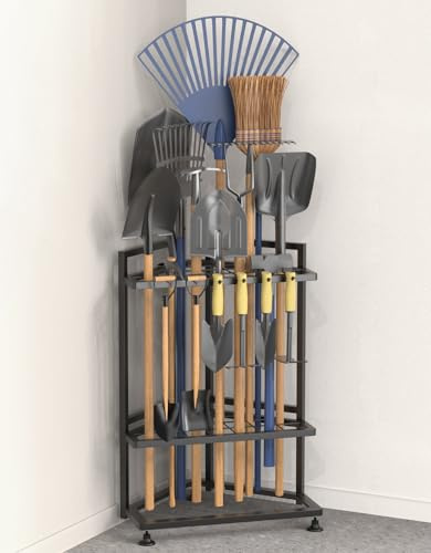 Lovind Garden Tool Organizer for Corner,Metal Yard Tool Organizer for Long-Handled Tools/Rakes/Brooms,Side Garden Pocket,Heavy Duty Steel Yard Tool Storage Rack for Garage,Shed, Outdoor