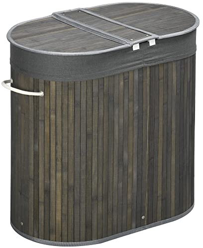 HOMCOM Cesto de la ropa de bambú con tapa 100L colector de ropa con asas, 2 bolsas de ropa extraíbles, clasificador de ropa caja de lavandería para lavadero, baño, dormitorio, gris
