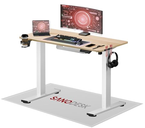 SANODESK Bureau Gaming Réglable en Hauteur Plateau Complet 110x54 cm, Bureau Assis Debout, Table Électrique avec Fonction de Mémoire, Système Anti-Collision, Crochet et Porte-Bouteille, Érable