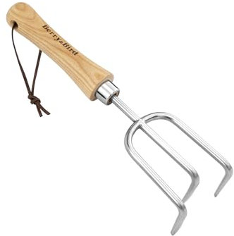 Berry&Bird Stainless Steel Hand 3 Prong Cultivator, Garden Hand Tool with Ergonomic Wooden Handle and Leather Strap, Hand Rake, Garden Hand Fork for Weeding, Turning Soil, Cultivating
