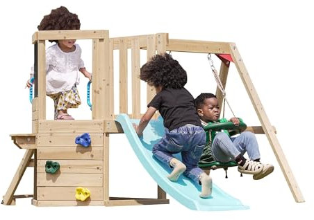 Dolphin Playground Schaukel-Set für Kleinkinder mit Schaukel-Sitz, Tafel, Rutsche, Kletterwand & Gartentisch – Outdoor-Spielgerät aus Zedernholz für Kinder von 18 Monaten bis 4 Jahren