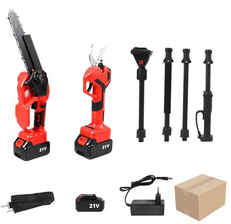 Sécateur électrique Sans Fil, avec Ciseaux de à Batterie et Tronçonneuse Electriques, Tige Télescopique de 200cm, Kit 3 en 1 Secateur pour Jardin, Branches, Arbustes (1 Batterie)
