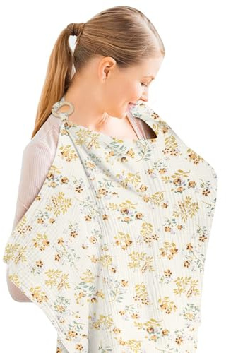 Aolso Tablier Allaitement, Couverture d'allaitement en mousseline pour bébé,Grande housse d'allaitement, Couverture d'allaitement en Coton Cape Allaitement Avec anneau rigide(Fleurs blanches)