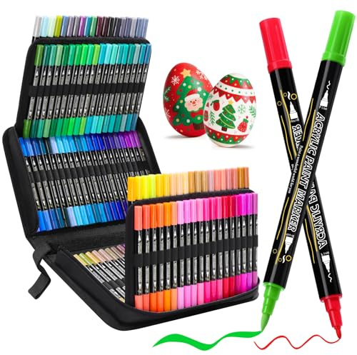 Tongfushop 120 Acrylstifte Set, Doppelspitze (Pinsel & Feinspitze) Acrylmarker, Schnelltrocknend & Deckend Acrylic Marker für Stein, Holz, Leinwand, Glas, Keramik | Ideal für Erwachsene, DIY-Projekte