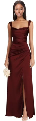 Spaghetti Straps Satin Burgundy Bridesmaid Dresses Long with Slit for Women Satin Cowl Neck Formal Wedding Guest Dress Classic Mermaid Sleeveless Silky Evening Gowns with Pleated US0