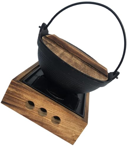 IMUSINICE Pentola Shabu Giapponese in Ghisa con Supporto in Legno, Caldaia da Campeggio in Ferro per Zuppe, Riscaldamento Rapido e Resistente alle Alte Temperature, Set Completo per Cucina