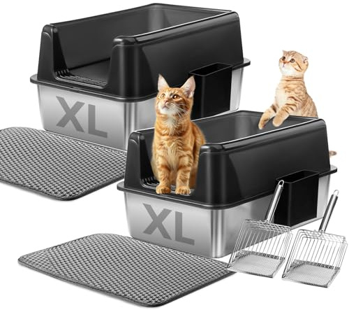 Marchul 2-pack kattsandsbricka, XL rostfritt stål kattlådor 60 x 40 x 31 cm, extra stor, anti-urinläckage, icke-klibbig, lätt att rengöra, repas inte, (inkluderar metallskopa och matta)