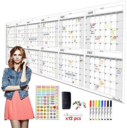 CLEVER CLEAN Großer, trocken abwischbarer Wandkalender, 91,4 x 243,8 cm, 12 Monate, undatiert, Jahreskalender für Zuhause, Büro, Schule, Projekte, Jumbo, wiederverwendbar, laminiert,
