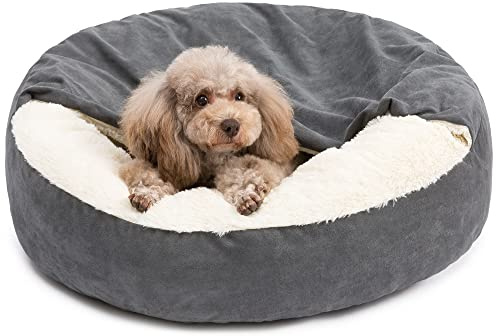 PELZIN Small Dog Bed for Extra Small Dogs Up to 20lbs - Washable Burrow Puppy Beds with Blanket Attached - Covered Dog Cave Bed with Anti-Slip Bottom - Charcoal Gray, 24