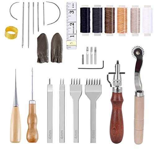 Juego de Herramientas de Coser de Cuero Herramientas de Perforación de Piel con Cuero Encerado Hilo 6 Color Agujas de Ojos Gruesos Herramientas de Cuero de Bricolaje a Mano para Tallar Costura