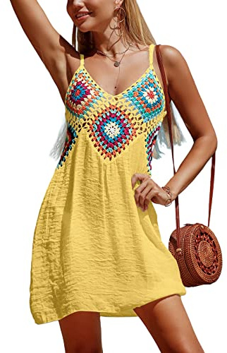 Cache-Maillots Sarongs Femme Robe de Plage Été Maillot de Bain Robe Crochet Bohème Bikini Cover Ups Mini Robe Courte Décontractée (Jaune, Taille Unique)
